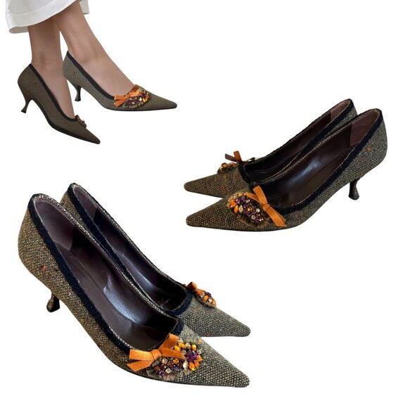vtg. y2k 2000's Prada Jeweled Brown Pointed toe kitten Heels size US 7/37 - Picture 2 of 7